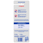 Back of Colgate toothbrush blister pack showing product claims, recycling icons, barcode and medium firmness label