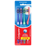 Front blister-pack photo showing four Colgate Extra Clean toothbrushes in multi-colors with medium firmness label