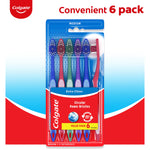 Packaged Colgate Extra Clean value pack showing six colorful toothbrushes in retail blister packaging