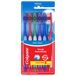 Front-facing retail blister pack of Colgate Extra Clean showing six colored toothbrushes and branded label