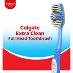 Colgate branded graphic reading 'Colgate Extra Clean Full Head Toothbrush' with a blue-handled Colgate toothbrush pictured at right.