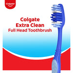 Colgate Extra Clean promotional graphic showing a blue full-head toothbrush on branded red and blue background
