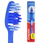 colgate extra clean medium toothbrush in single blister pack beside a close-up of blue and white bristles