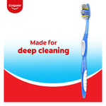 Vertical image of a blue Colgate Extra Clean toothbrush over a white-to-blue gradient with text 'Made for deep cleaning'.