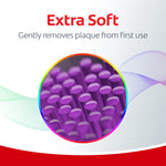 Circular close-up of extra soft purple bristles with headline 'Extra Soft' and supporting text about gently removing plaque.