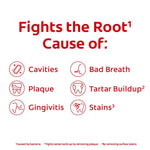 White panel graphic listing benefits Colgate claims it fights the root cause of cavities, plaque, gingivitis, bad breath, tartar and stains