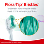 Infographic titled 'Floss-Tip Bristles' showing a Colgate toothbrush head and magnified view of thin floss-like bristles in teal color.