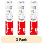 Three Colgate branded blister packs showing the Foaming Clean soft toothbrush packaging with red lower panel and white handle visible.