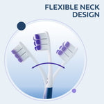 Graphic showing three angled positions of a Colgate Gum Expert toothbrush head to illustrate a flexible neck design