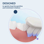 Illustration of a toothbrush head gently contacting gumline inside a circular frame with text about minimizing irritation