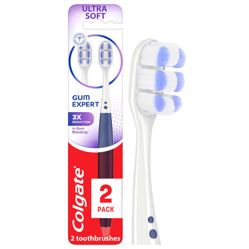 Colgate Gum Expert Ultra Soft toothbrush two-pack retail blister pack shown with one toothbrush head close-up