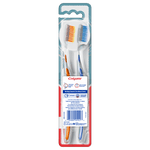 Clear front/back view of Colgate two-pack blister packaging showing two toothbrushes and product information