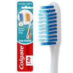Colgate Gum Health toothbrush blister pack with two ultra soft brushes and a close-up of blue bristles