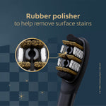 Close-up infographic of the toothbrush head highlighting gold nylon bristles and a rubber polisher to remove surface stains.