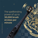 Close-up of a black Colgate Harry Potter electric toothbrush head and handle with text about 30,000 brush strokes per minute.