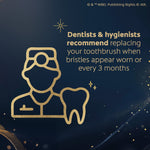 Dark blue graphic with gold iconography and text advising dentists and hygienists recommend replacing your toothbrush periodically.