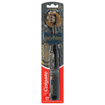 Front view of a black Colgate Harry Potter battery-powered electric toothbrush in blister packaging with branded card backing.