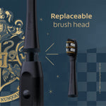 Graphic showing replaceable brush head for a black Colgate Harry Potter electric toothbrush with decorative Hogwarts crest.