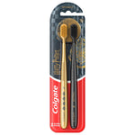 Front view of Colgate Harry Potter two-pack toothbrush packaging showing one gold and one black soft toothbrush in blister card