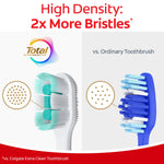 Comparison graphic showing Colgate Total high-density bristle head versus an ordinary toothbrush with text about 2x more bristles