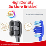 Comparison graphic showing high-density bristle design of Colgate Total toothbrush next to an ordinary blue toothbrush head