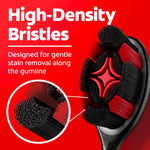 Detailed graphic of Colgate Optic White toothbrush head with high-density bristles and a magnified bristle inset on red background.