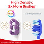 Comparison graphic showing high-density purple bristled toothbrush head labeled '2x More Bristles' next to an ordinary blue toothbrush.