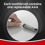 Hand inserting a AAA battery into a charcoal Colgate toothbrush handle with text about each brush containing one AAA.