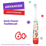 Colgate kids sonic power toothbrush shown upright with colorful lightning and star pattern and Advance Cavity Fighter badge