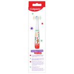 Back view of Colgate kids toothbrush packaging showing the toothbrush image and instructions for use panel