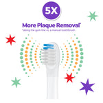 Close-up of Colgate kids toothbrush head with graphics claiming 5X more plaque removal and colorful star accents