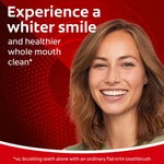 Smiling woman on a red background with text 'Experience a whiter smile' used as Colgate product lifestyle graphic