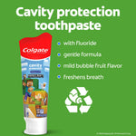 Colgate Minecraft cavity protection toothpaste tube on green background with product benefits and recycle icon