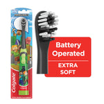 Packaged Colgate Minecraft battery-operated toothbrush shown beside a close-up of the extra-soft brush head and label