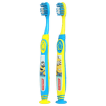 Two Colgate Minions-themed kids toothbrushes side by side, blue and yellow handles with character graphics