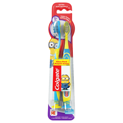 Colgate branded packaged value pack with two Minions-themed kids toothbrushes in blister card