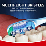Close-up rendering of toothbrush bristles cleaning along gumline with text 'multiheight bristles help to clean in between teeth and along the gumline'