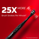 Close-up angled view of a Colgate Optic White black sonic toothbrush head and handle with '25X more' brush strokes text