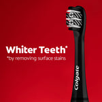 Close-up of a black Colgate Optic White toothbrush head against a red background with text claiming whiter teeth
