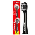 Colgate Optic White black replacement toothbrush heads shown on red retail backing with a large brush head image