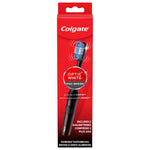 Red retail box showing Colgate Optic White Pro-Series black battery-powered sonic toothbrush with brush head and branding