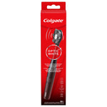 Tall red retail packaging showing Colgate Optic White black powered toothbrush image and product branding