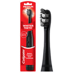 Colgate Optic White black battery-powered sonic toothbrush in its red retail blister packaging, medium bristles visible