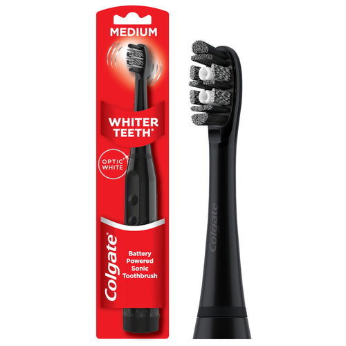 Colgate Optic White black battery-powered sonic toothbrush in its red retail blister packaging, medium bristles visible