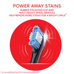 Close-up of black toothbrush head with multi-height blue and white bristles and red circular graphic describing stain removal