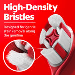 Detailed view of Colgate Optic White brush head showing high-density bristles and a magnified inset