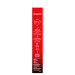 Narrow red package panel with Colgate Optic White logo and short bulleted product features and icons