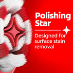 Close-up of a Colgate Optic White brush head showing a red polishing star and surrounding bristles