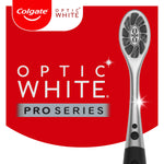 Red Colgate Optic White Pro Series graphic with a silver-handled toothbrush head and bold product name text