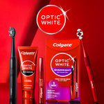 Assortment of Colgate Optic White products including brushes, toothpaste and whitening pen on red background